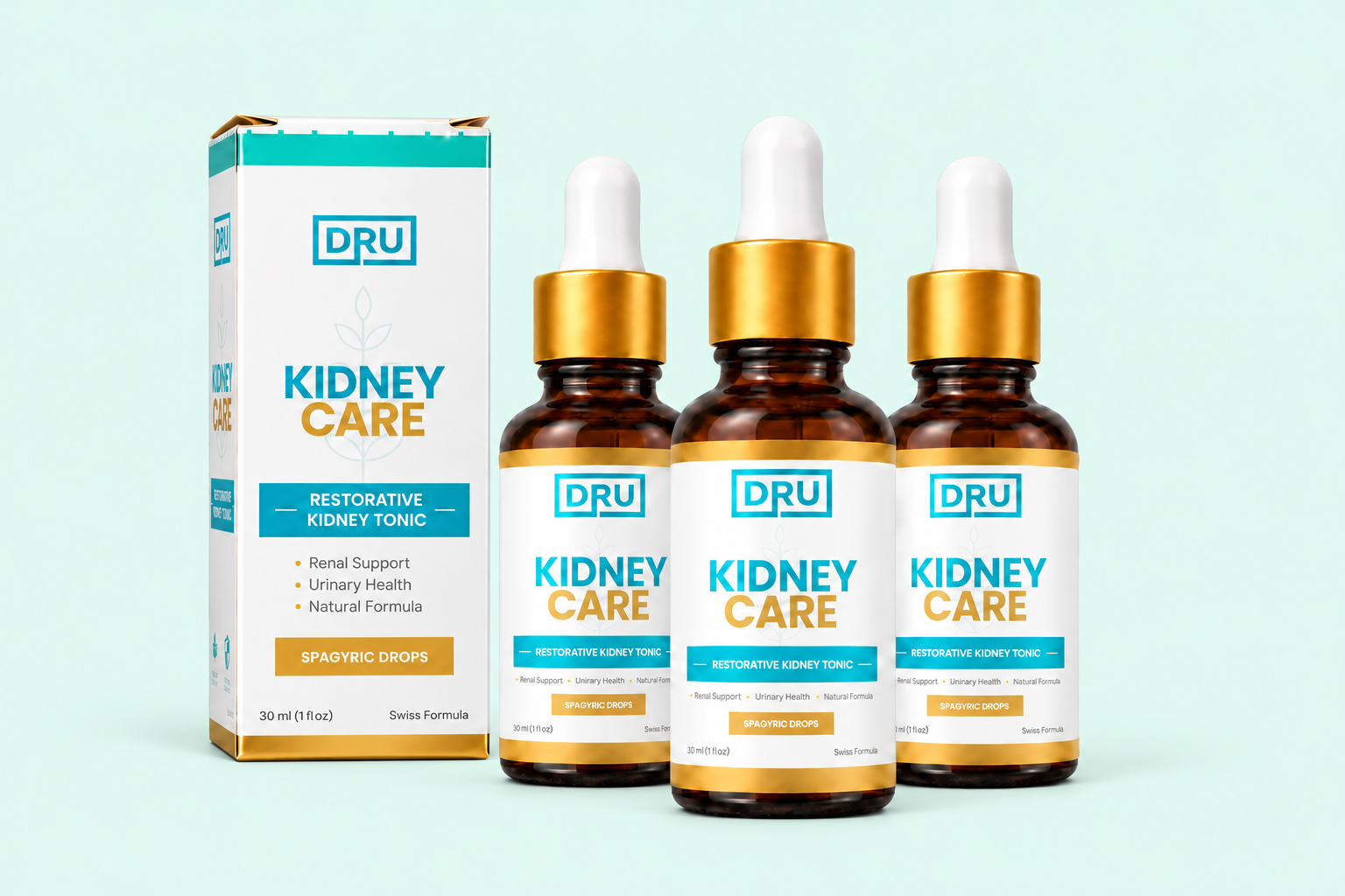 DRU Kidney Care pack containing three bottles and its correctly proportioned outer box